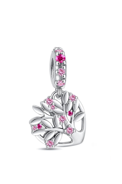 Pembe Taşlı Aile Ağacı Kalp Sallantılı Charm
