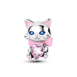Mavi Gözlü Pembe Taşlı Kedi Charm