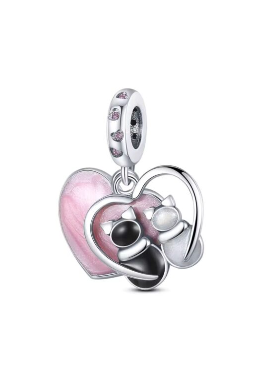 Pembe Kalp Siyah ve Beyaz Kedi Sallantılı Charm