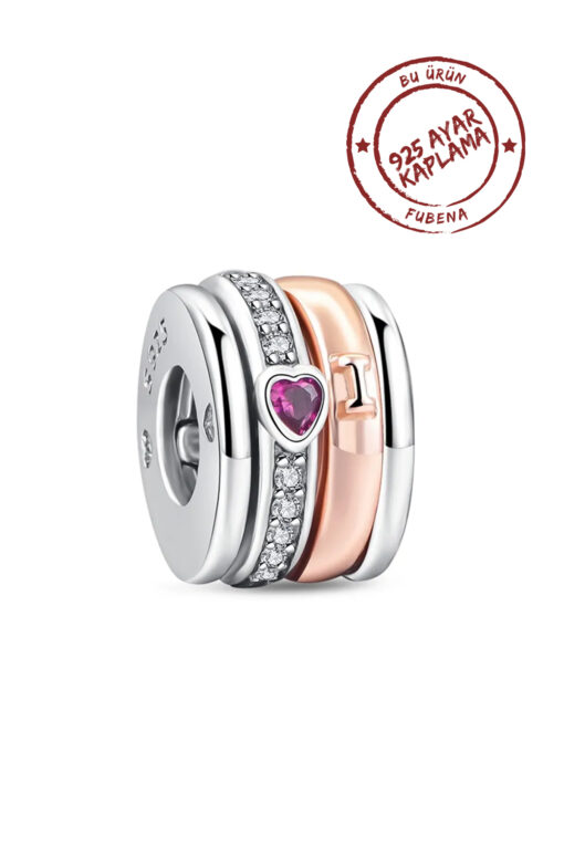 Gümüş Rose Taşlı Kalp Yüzük Charm