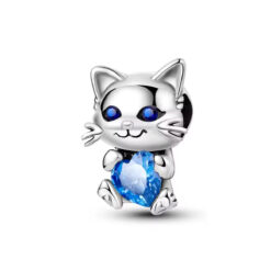 Mavi Taşlı Kedi Gümüş Charm