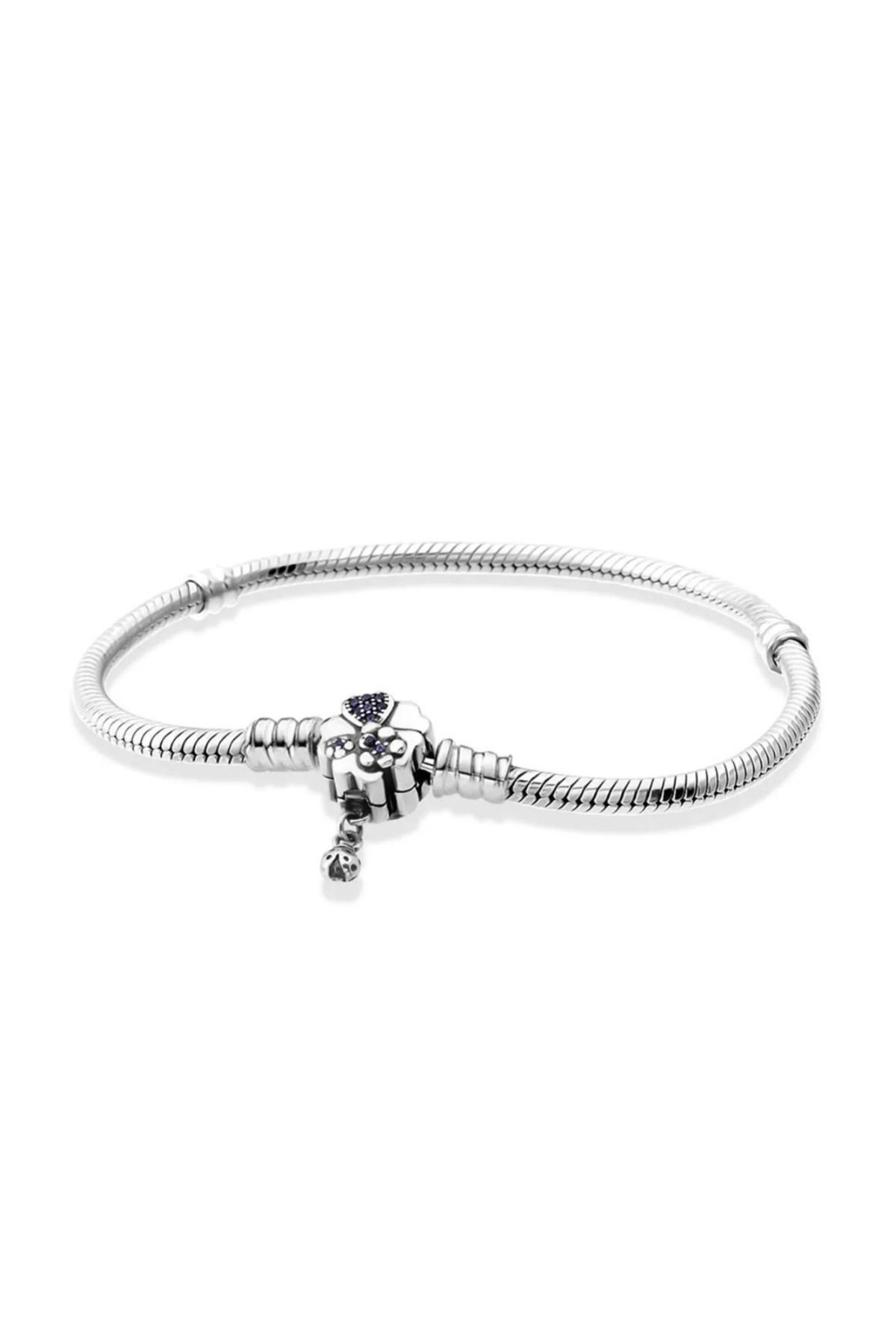 Uğurböceği Sallantılı Çiçekli Gümüş Bileklik Charm Taşıyıcı