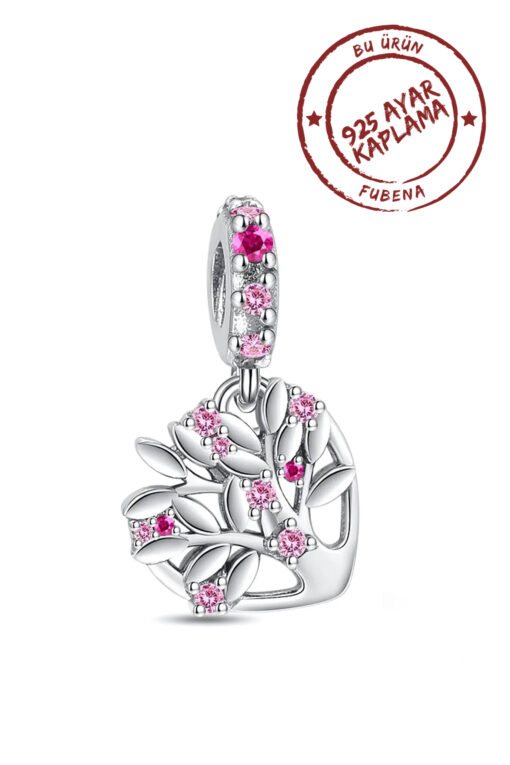 Pembe Taşlı Aile Ağacı Kalp Sallantılı Charm