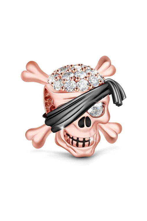 Parıldayan Taşlı Rose Korsan İskelet Gümüş Charm