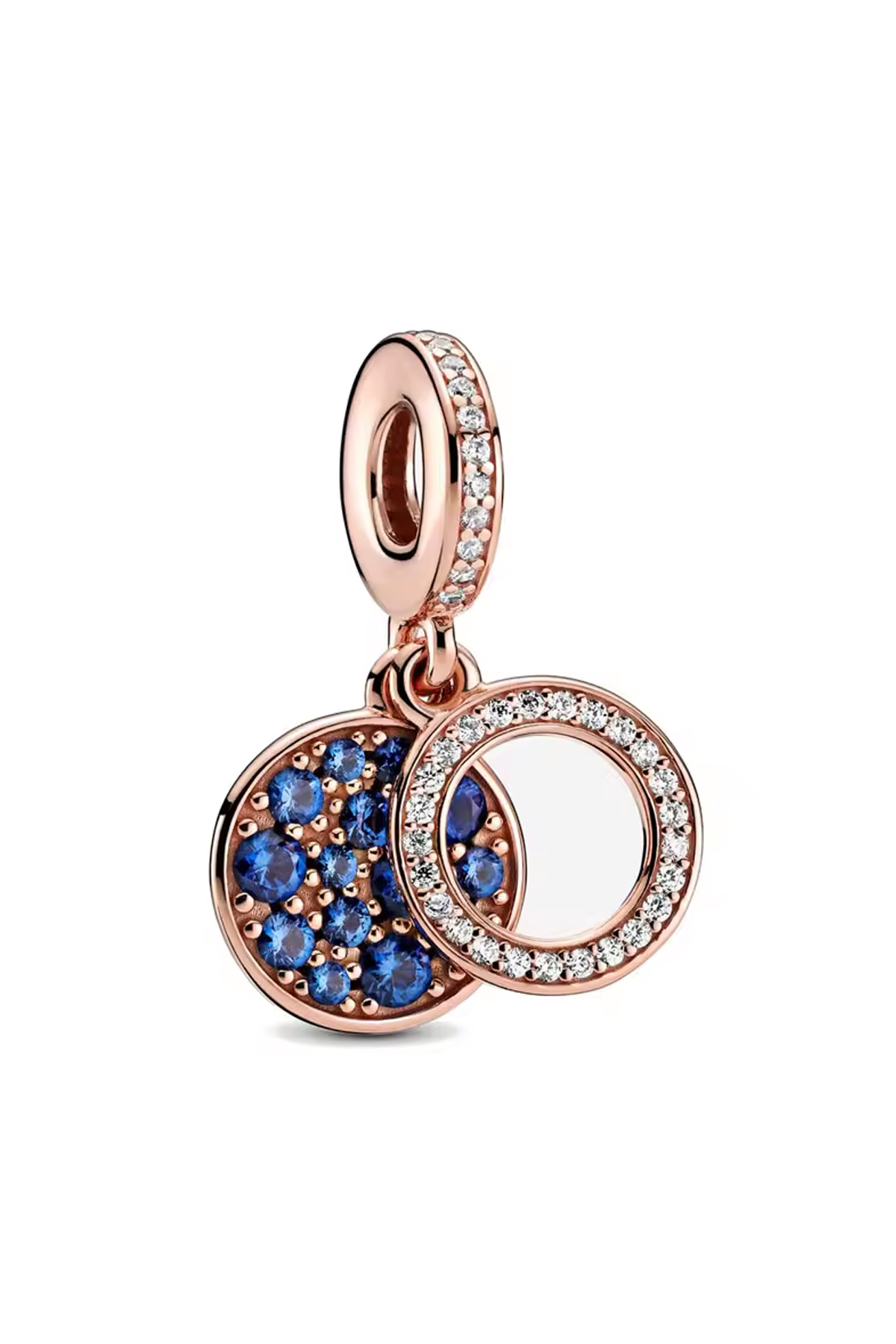 Rose Renk Parıldayan Lacivert Taşlı Çift Disk Sallantılı Charm