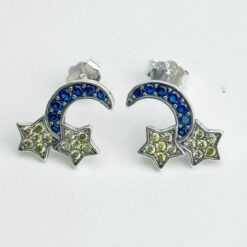 Taşlı Ay ve Yıldız Gümüş Çift Küpe