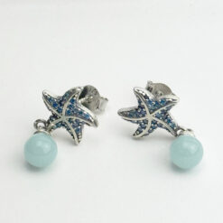 Karanlıkta Parlayan Sallantılı Taşlı Tropikal Deniz Yıldızlı Gümüş Çift Küpe