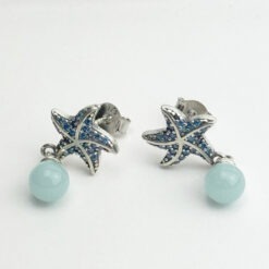 Karanlıkta Parlayan Sallantılı Taşlı Tropikal Deniz Yıldızlı Gümüş Çift Küpe